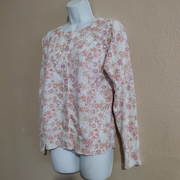 Pink Purple & White Floral Print Spring Cardigan Basic Editions SZ Small Medium - Picture 8 of 10